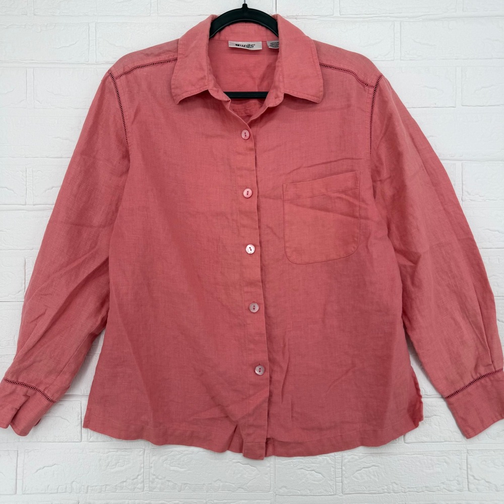 Units Button Up Shirt Women Medium Coral Pink 100% Linen Long Sleeve Ladder Trim